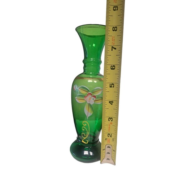 Vintage Bohemian Green Glass Bud Vase Handpainted Floral Design Japan - Picture 7 of 12